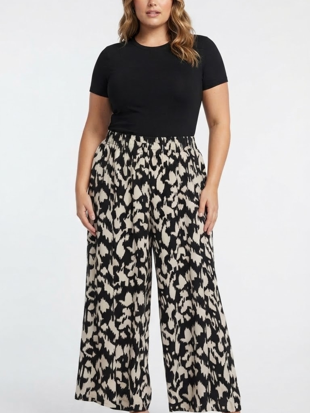 2X Black & Cream Wide-Leg Printed Palazzo Pants
